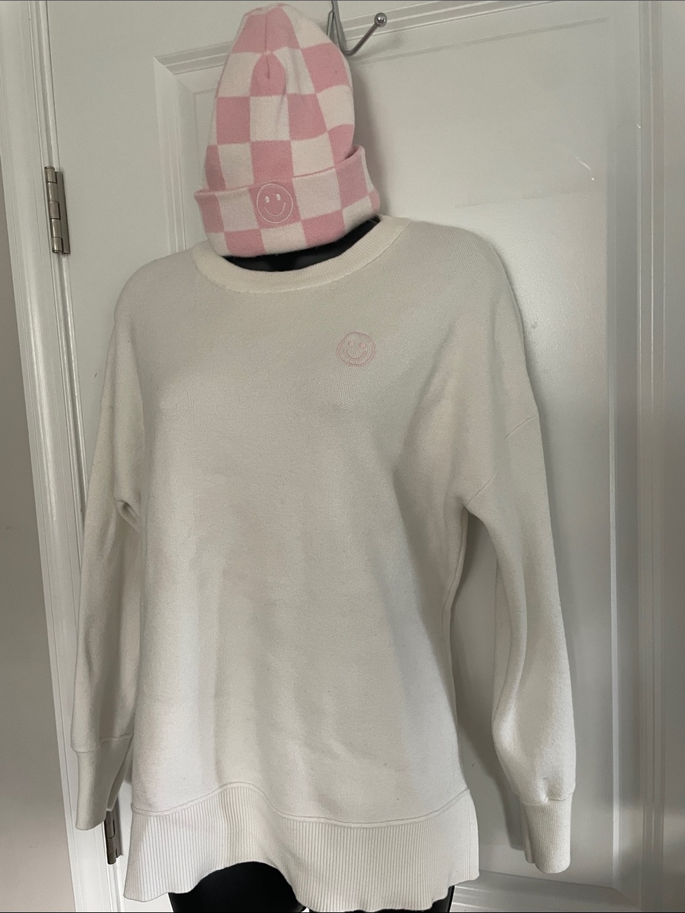 Cream Sweater w/ matching hat. Embroidered smiley faces